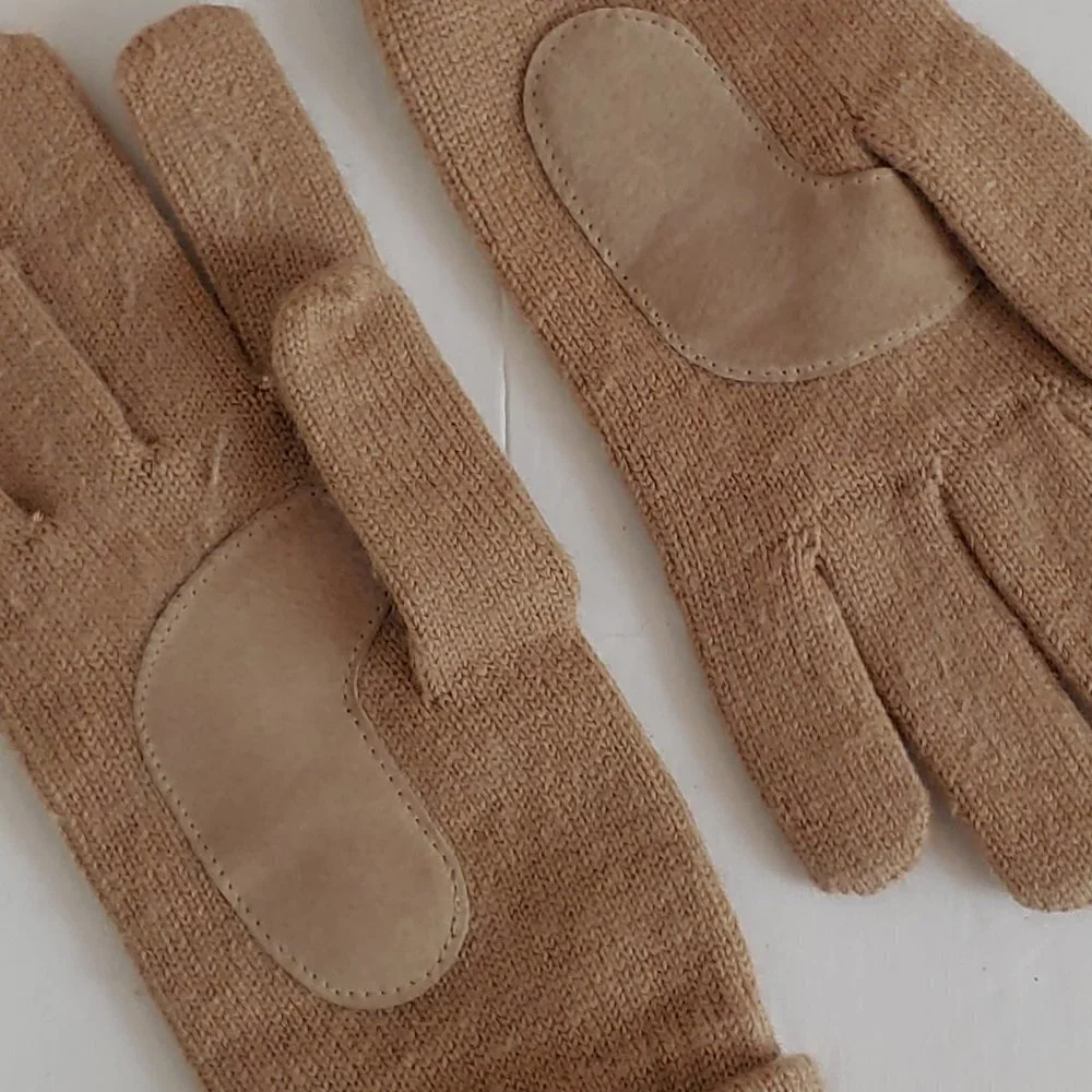 Vintage 80's 90's Brown Tan Knit Gloves Leather Pads Adult Size‎ Retro Cuff